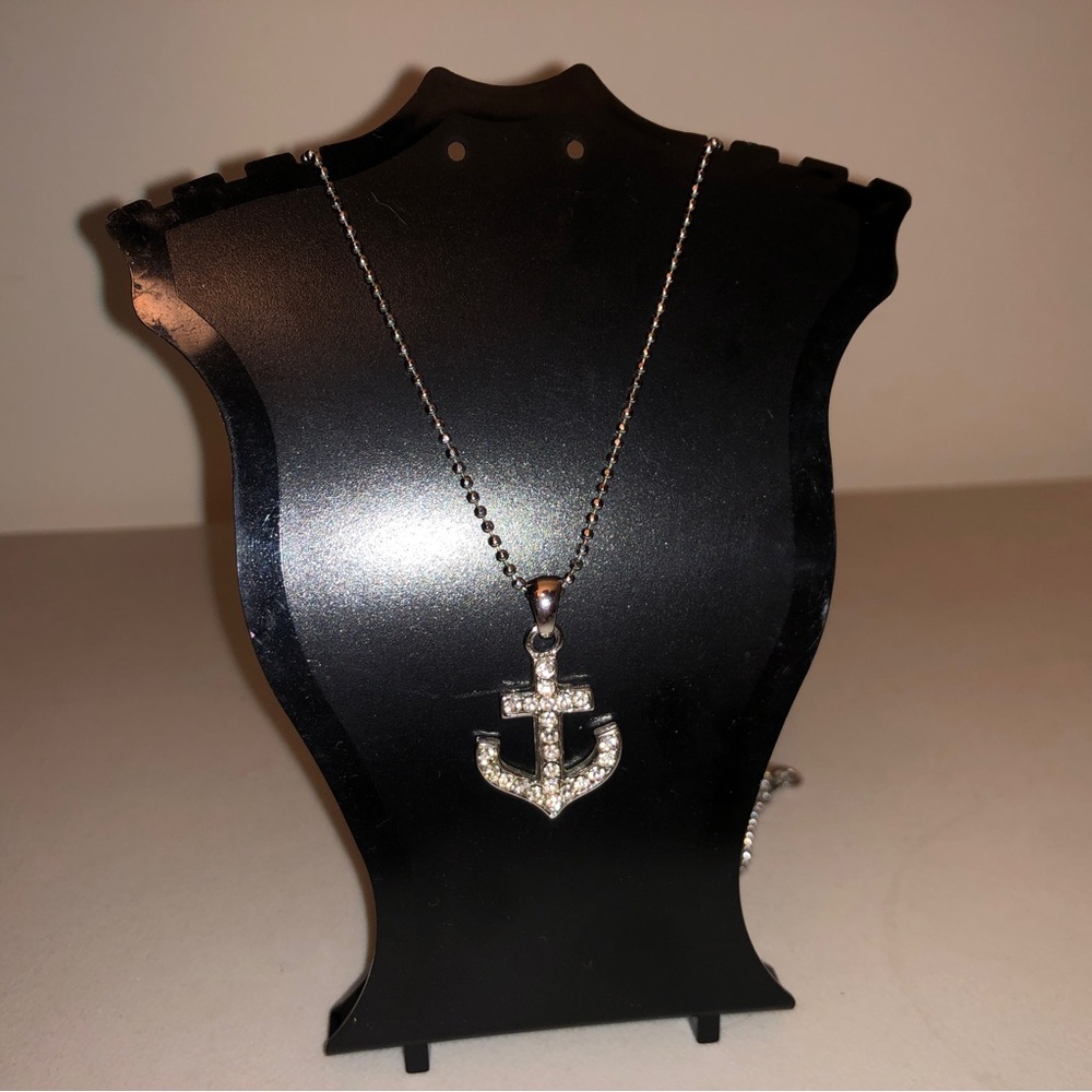 Rhinestone Anchor Nautical Pendant Fine Ball Chain Necklace Silver Tone